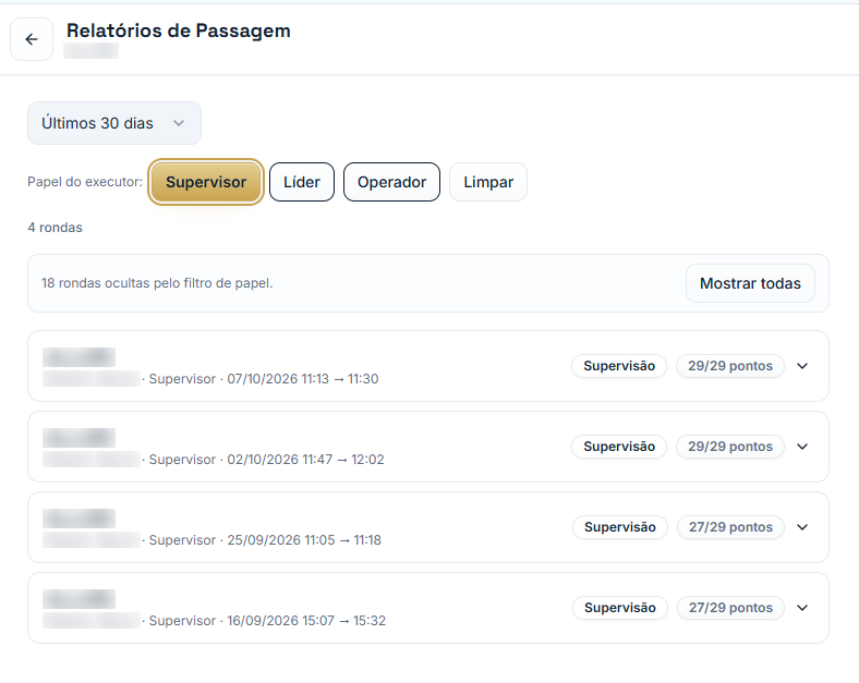 Relatório de rondas filtrado por supervisor no ECORP Tech