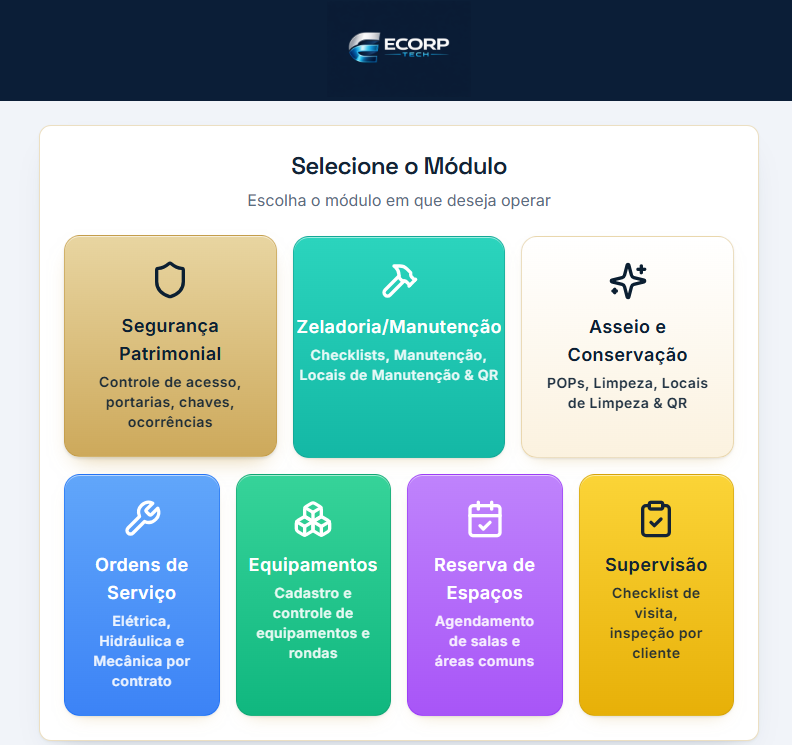 Tela de seleção de módulos do ECORP Tech