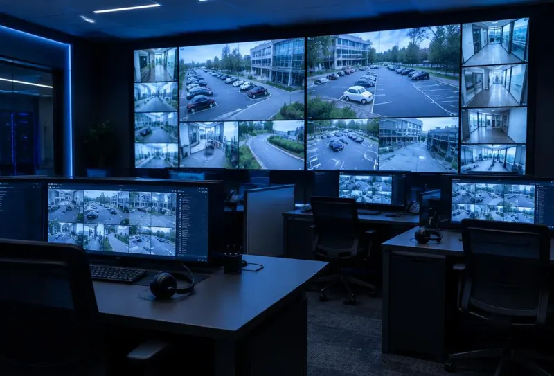 Central de monitoramento com parede de monitores exibindo câmeras