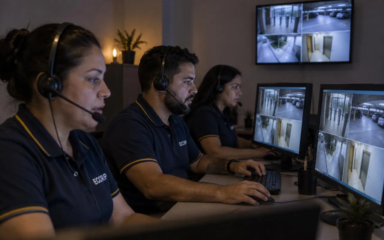 Operadores da central de portaria remota ECORP monitorando câmeras de condomínios