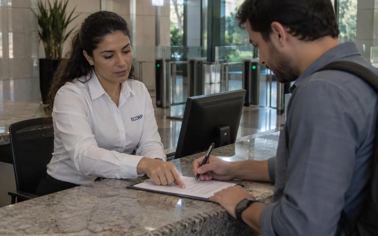 Recepcionista da ECORP uniformizada atendendo um visitante no balcão de recepção de um prédio comercial