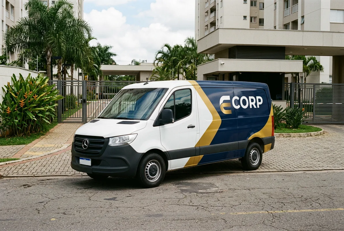 Viatura da ECORP, branca e azul-marinho com detalhe dourado, estacionada na entrada de um condomínio