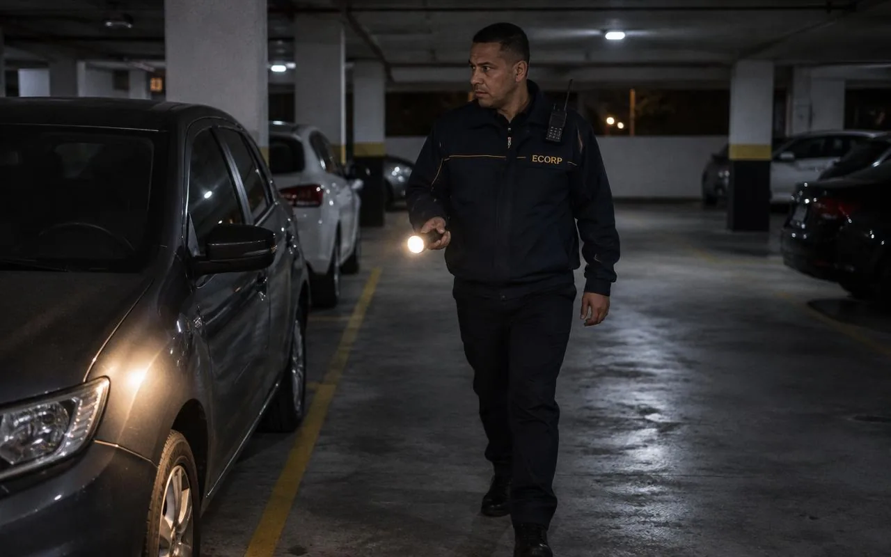Vigia da ECORP uniformizado em ronda noturna no estacionamento de um condomínio, com rádio e lanterna